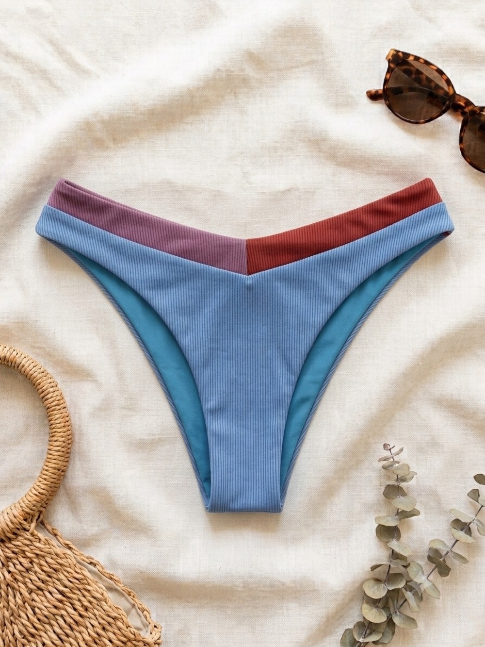 Colorblock Ribbed Bikini Bottoms - Blue with Burgundy & Mauve Trim